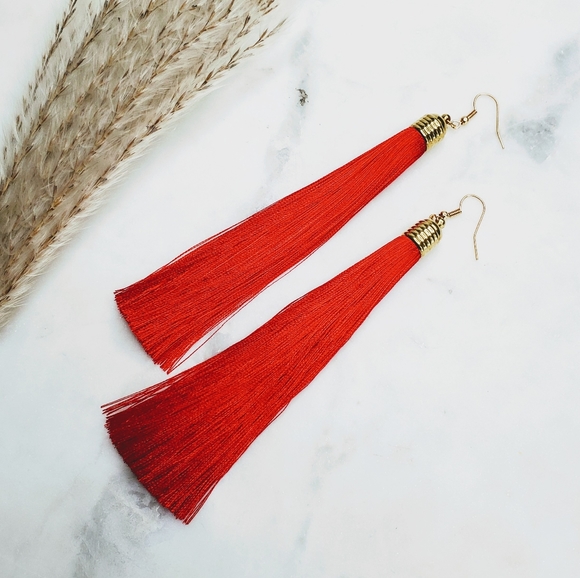5 for $25 Red Tassel Drop Fringe Earrings - Picture 4 of 5